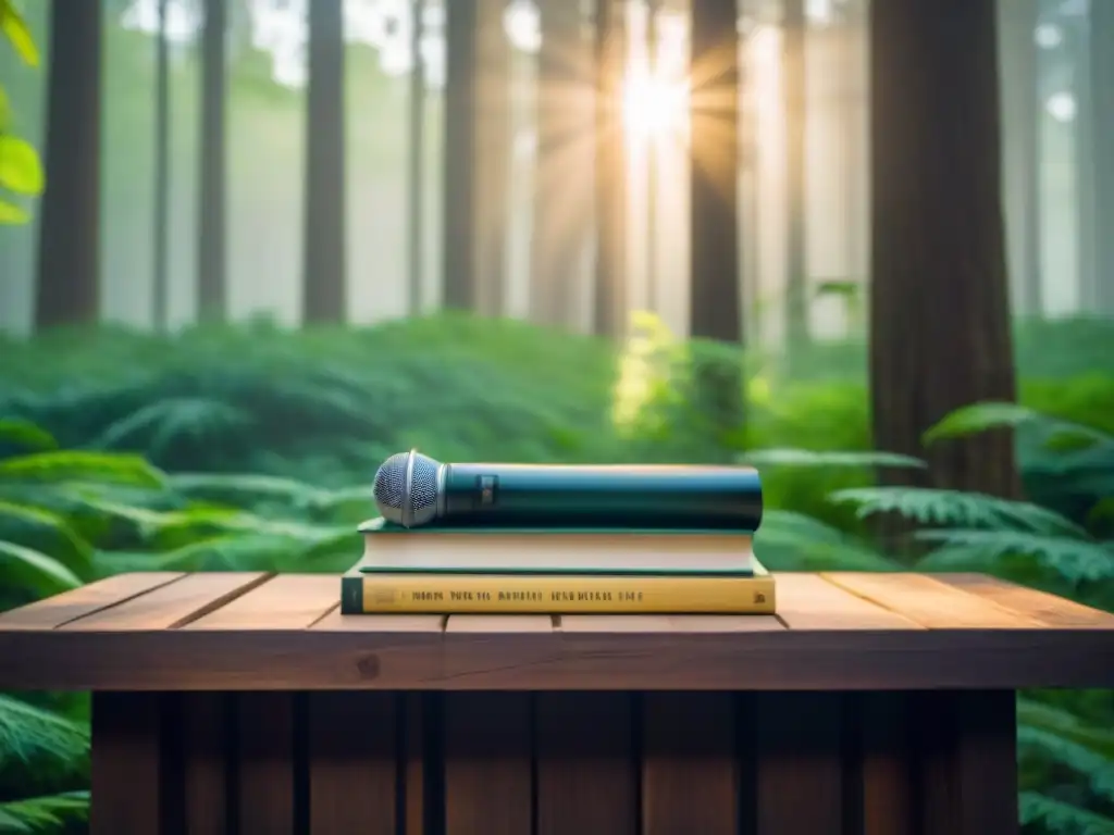 Escenario tranquilo en el bosque con un escenario de madera, micrófono y libros ecológicos