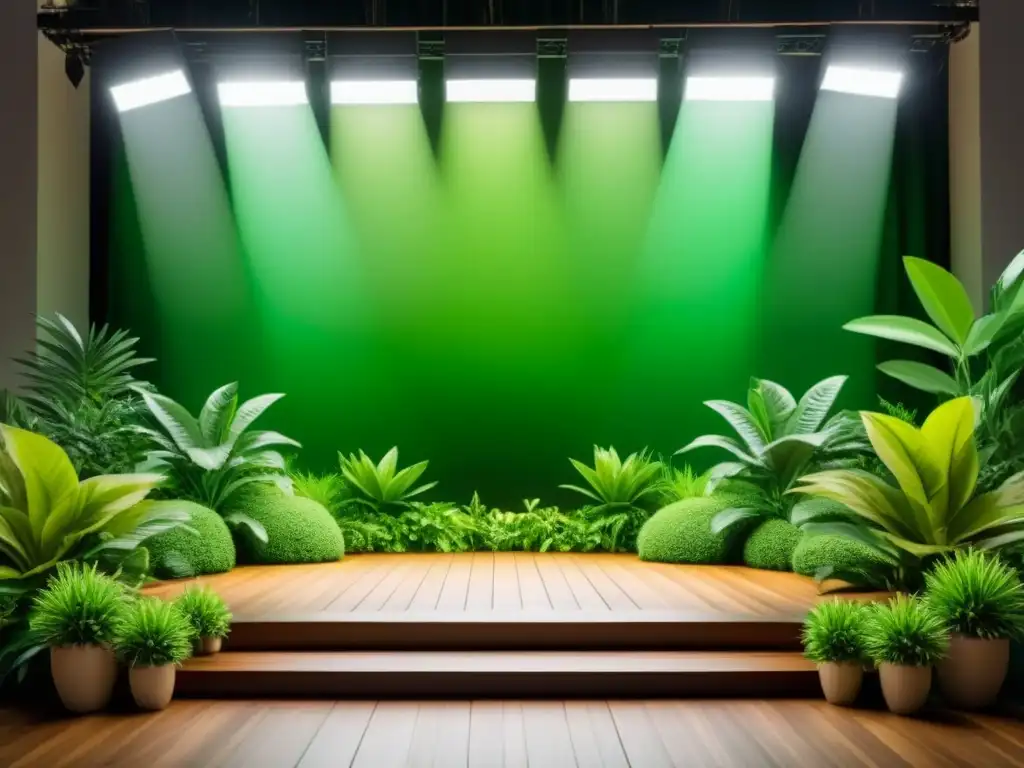 Escenario verde vibrante con plantas y árboles, iluminado por focos, simbolizando el Teatro Verde para la sostenibilidad