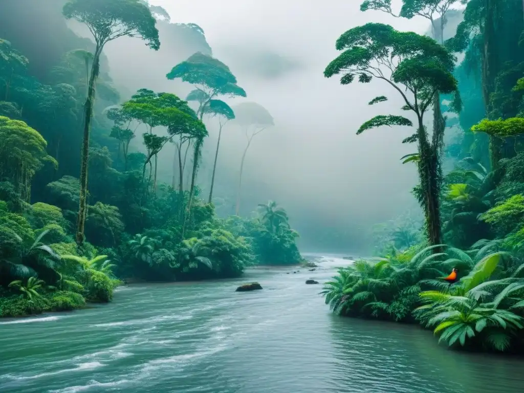 Un escenario vibrante y exuberante de la selva con detalles minuciosos, aves coloridas y un río serpenteante