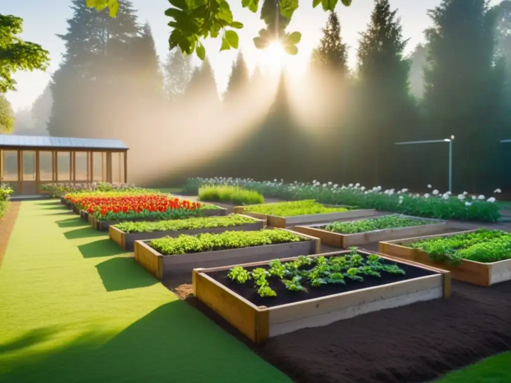 Un jardín escolar sostenible con camas de vegetales, flores coloridas y una estación de compostaje