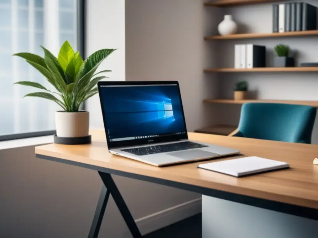 Un escritorio minimalista con laptop, plantas y papel reciclado