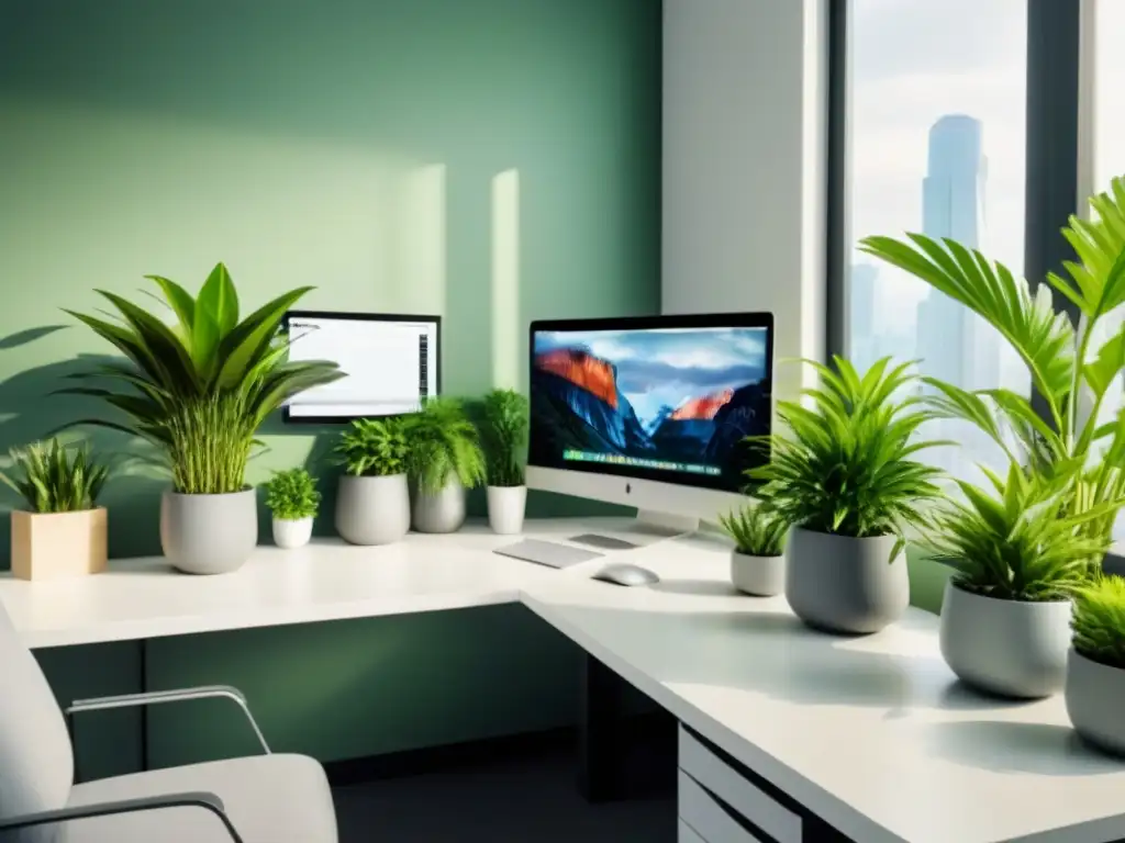 Escritorio moderno con plantas purificadoras de aire en pots minimalistas, iluminado naturalmente