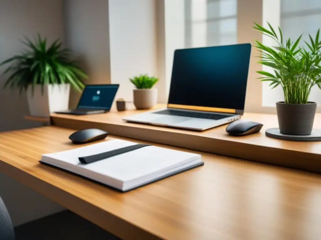 Un escritorio de oficina ecológico sostenible con laptop, planta y papel reciclado, iluminado por la luz natural