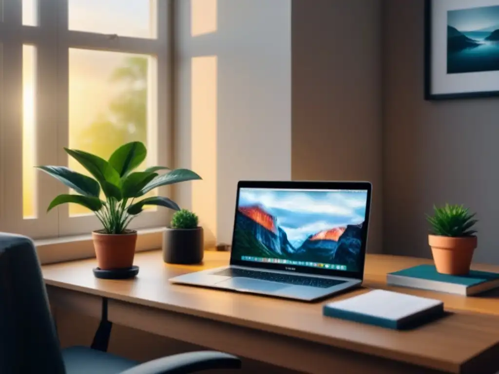 Un escritorio organizado con planta, laptop y luz natural