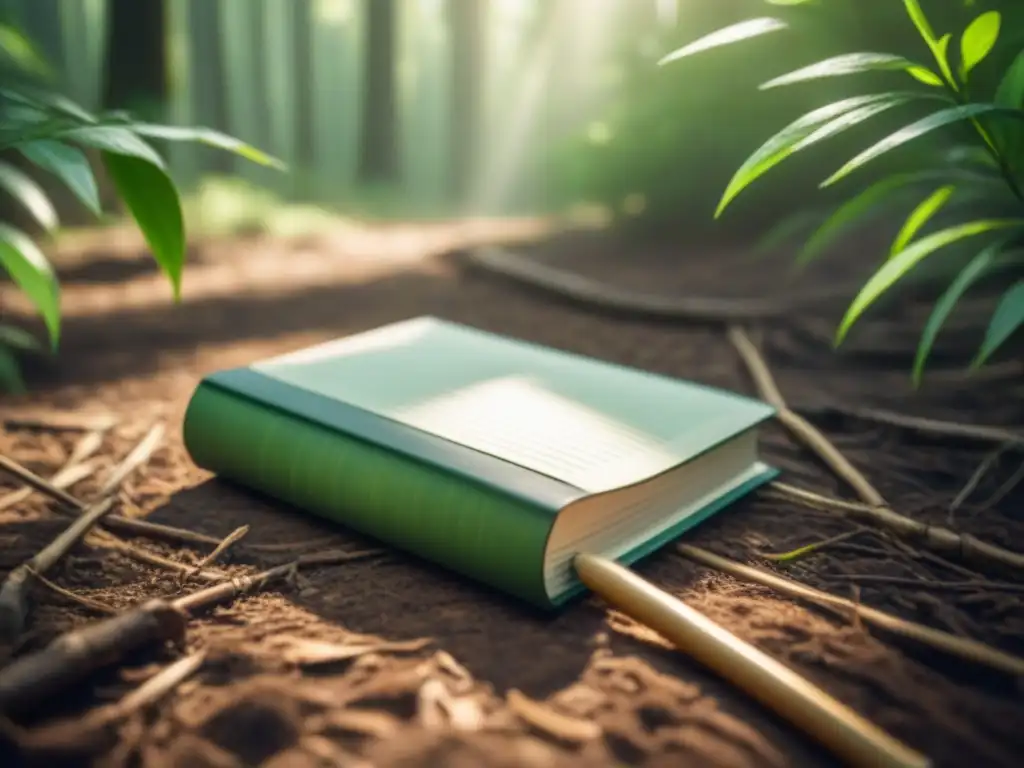 Un rincón de escritura en el bosque: un escritorio de madera con cuaderno de papel reciclado, pluma de bambú y planta en maceta