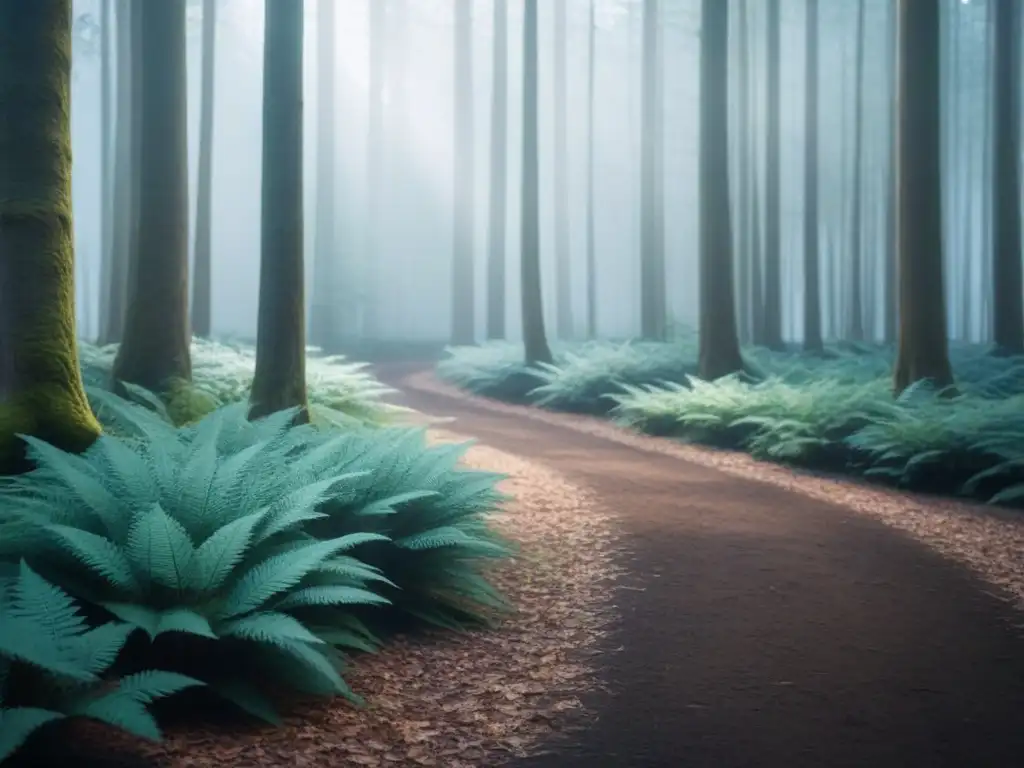 Escritura como conexión con naturaleza: Bosque tranquilo con luz filtrada entre los árboles, creando sombras y paz