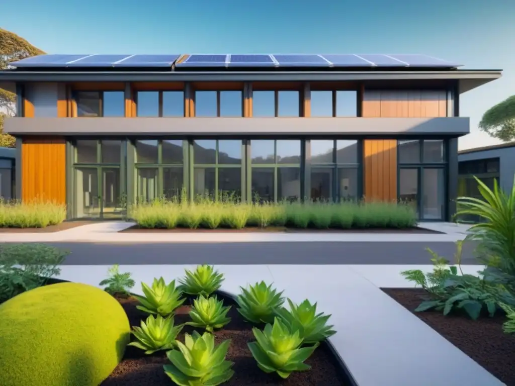 Escuela sostenible innovadora rodeada de vegetación exuberante