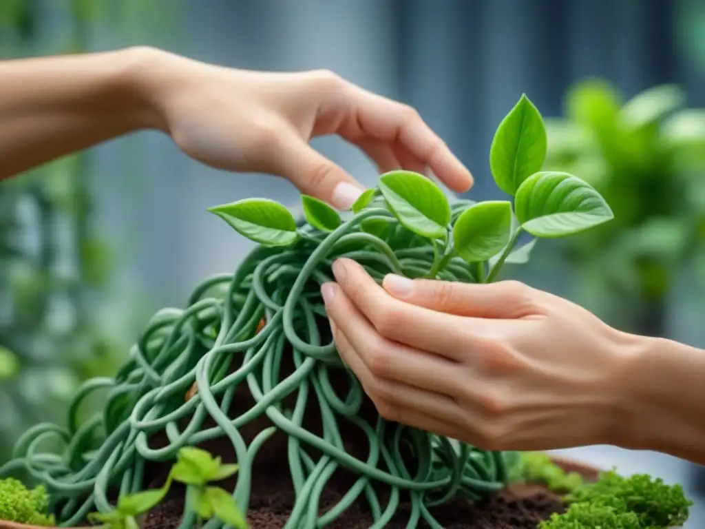 Un escultor experto crea una obra única, entrelazando plantas vivas en una estructura metálica