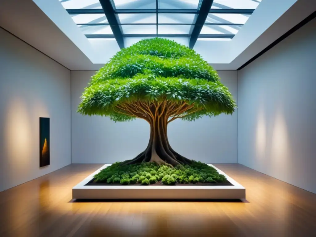 Escultura con plantas vivas: Galería de arte moderno con una impresionante escultura de árbol verde, simbolizando crecimiento y naturaleza