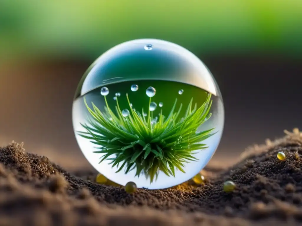 Esfera de hidrogel biodegradable en suelo fértil, destacando red intrincada y gotas de agua