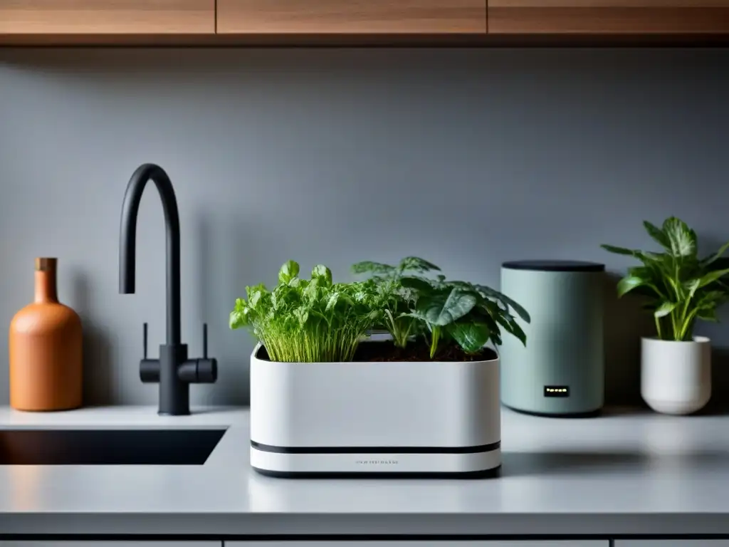 Un espacio de cocina blanco impecable con un contenedor de compostaje moderno integrado al diseño