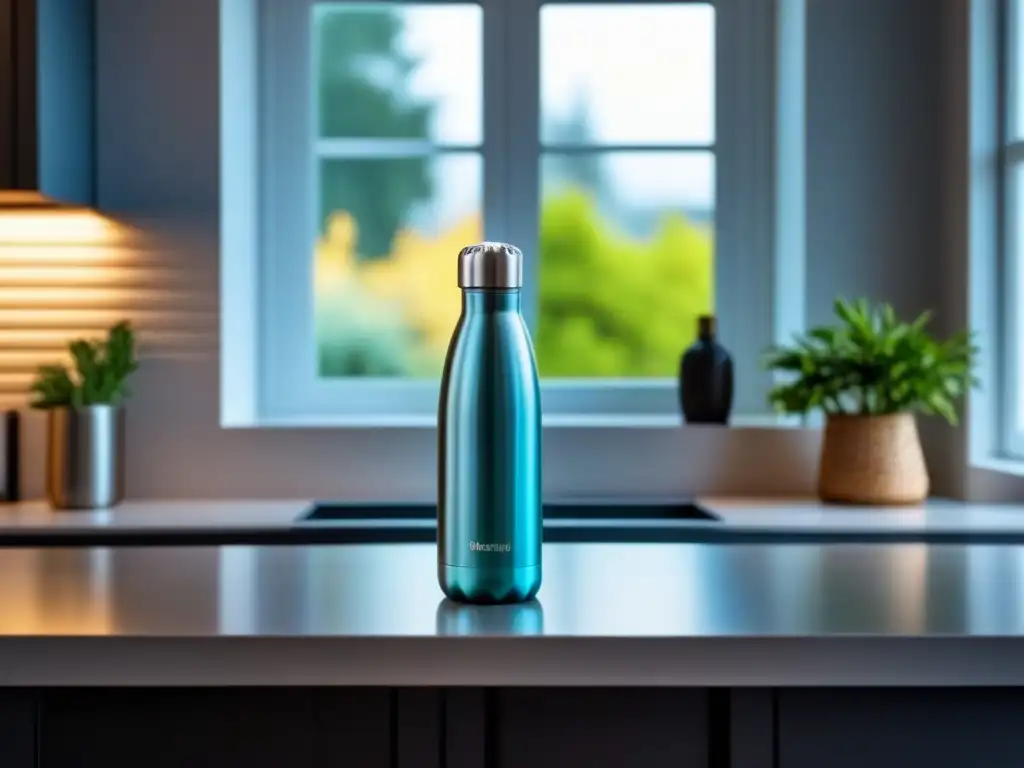 Cocina moderna con botella de agua reutilizable: minimalismo y calma Espacio de cocina minimalista con botella de agua reutilizable, luz natural y reducción plástico compras conscientes vida