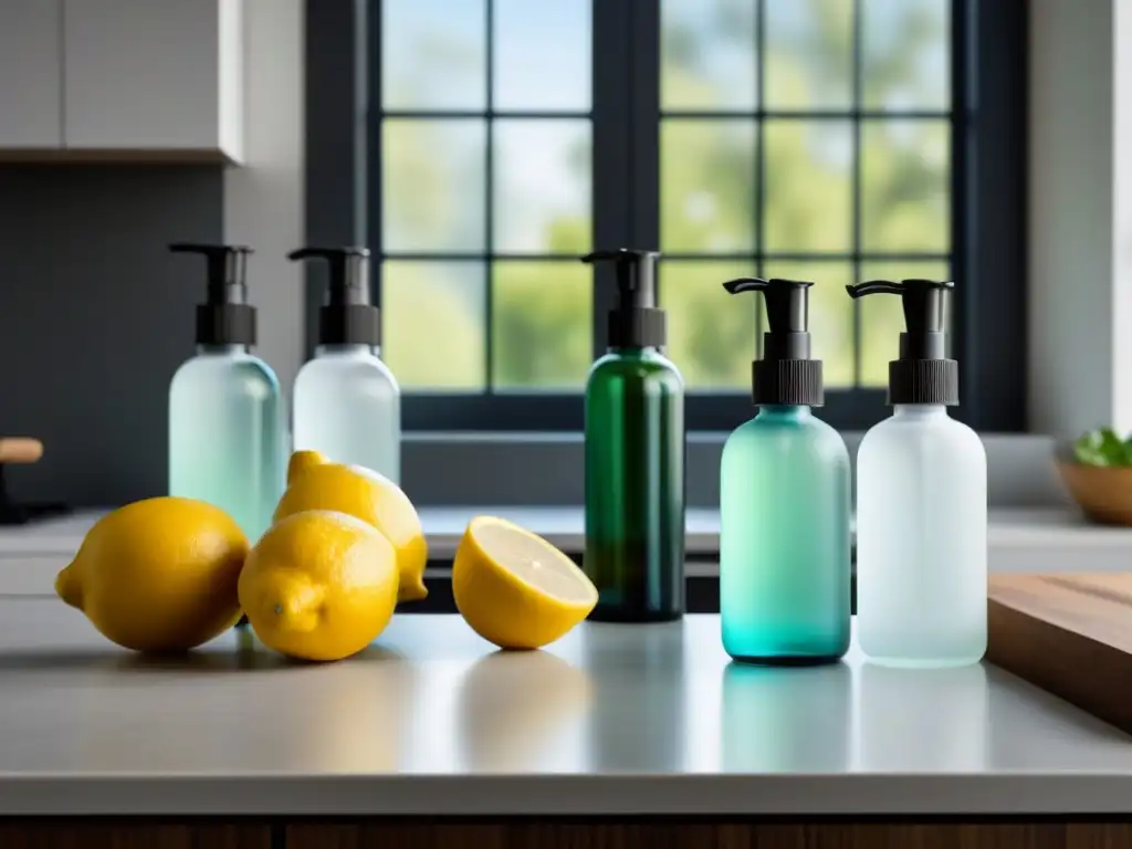 Un espacio de cocina moderno y ecológico con recetas productos limpieza ecológicos caseros en botellas de vidrio minimalistas y elegantes