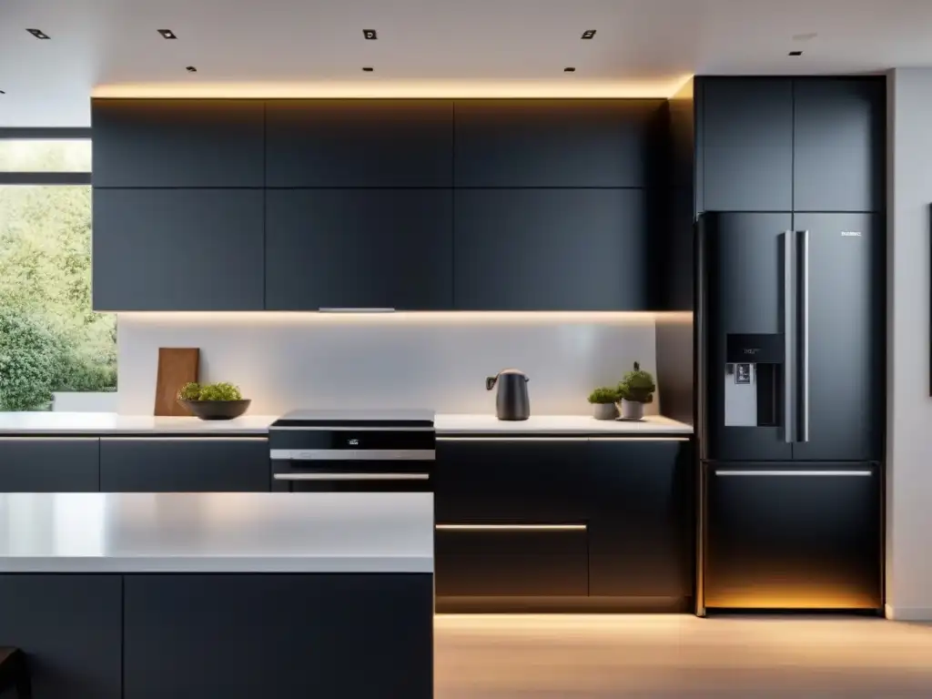 Un espacio de cocina moderno con electrodomésticos energéticamente eficientes en acabado negro mate, integrados en gabinetes blancos minimalistas