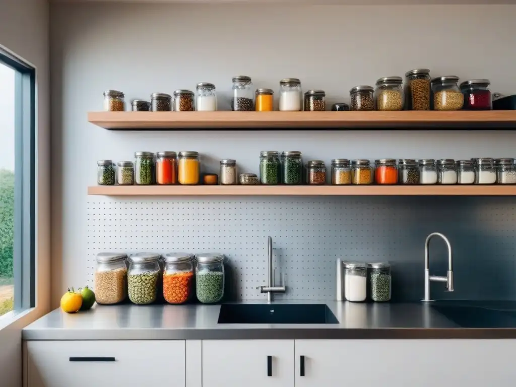 Un espacio de cocina zero waste moderno y sereno con tecnologías emergentes sostenibles para estilo de vida zero waste