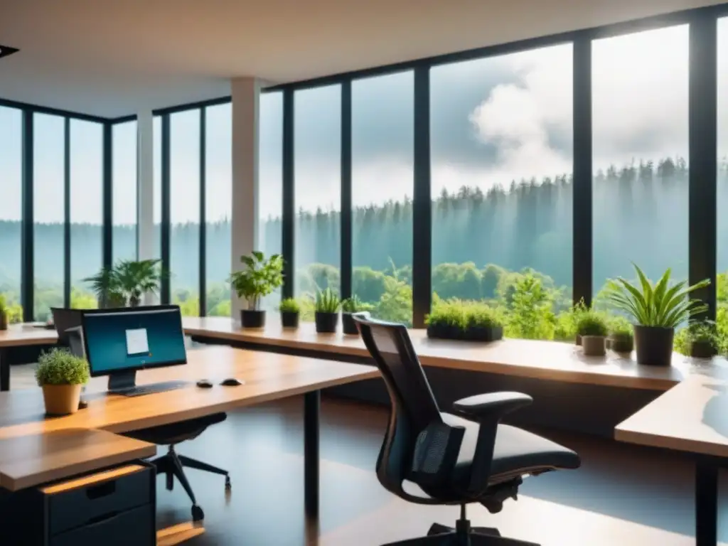 Espacio coworking sostenible y ecológico con vistas a un bosque verde, diseño moderno y plantas