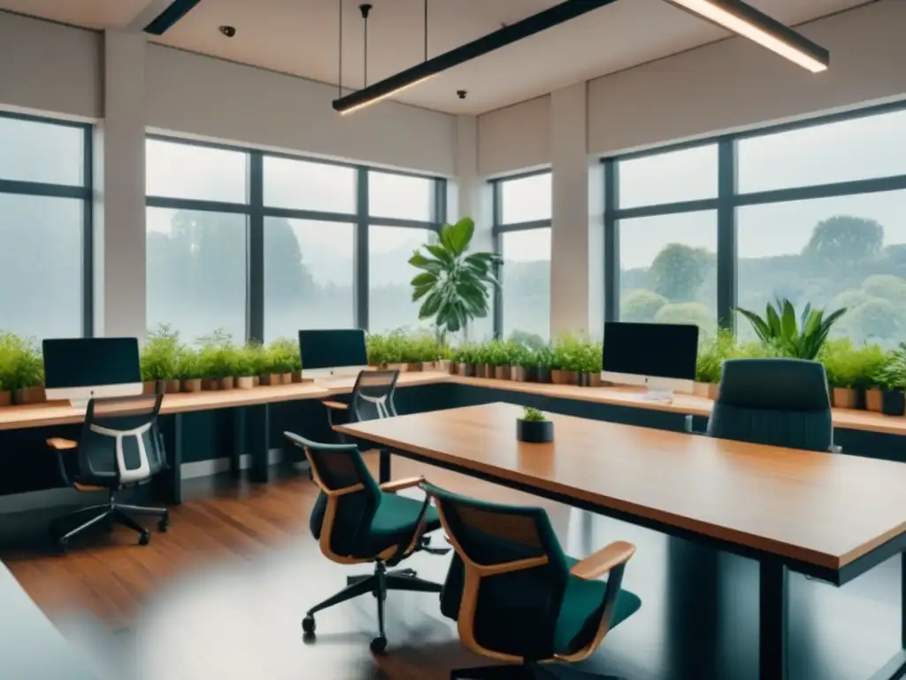 Espacio coworking sostenible y ecológico con diseño minimalista y vistas a jardín sereno