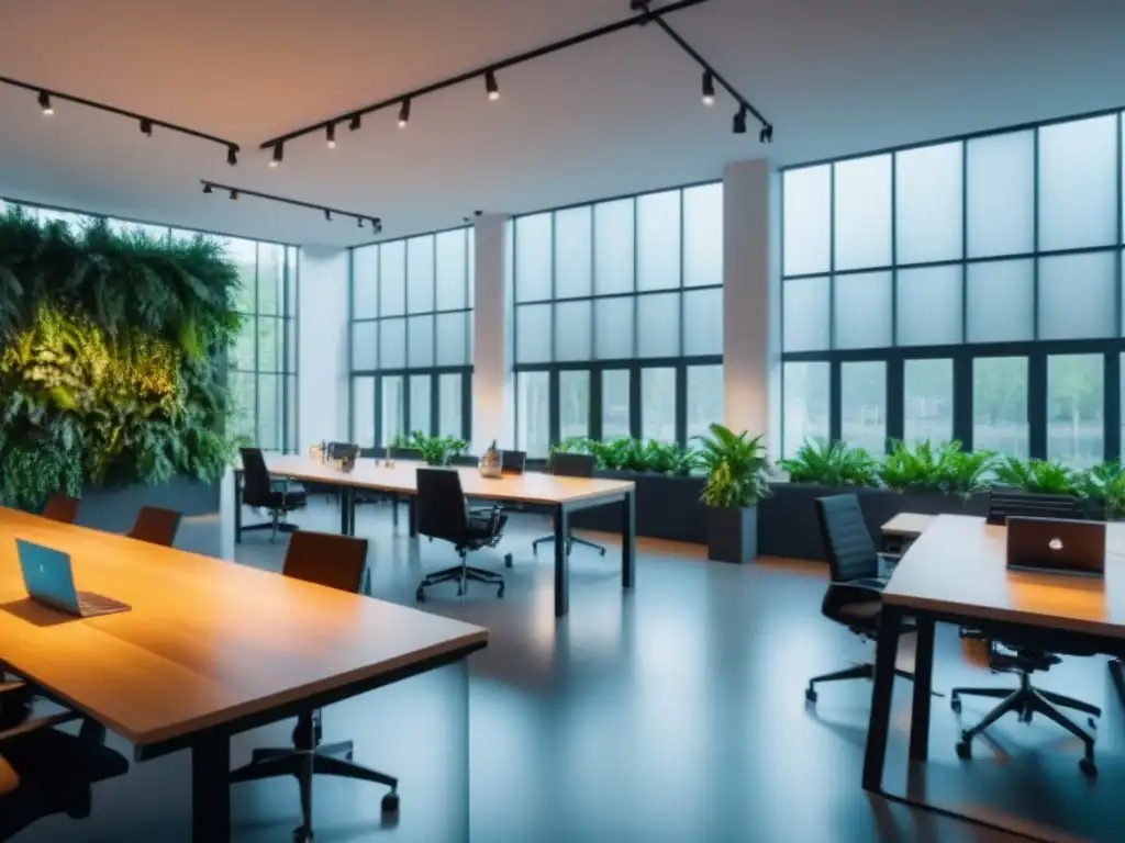 Espacio coworking sostenible y ecológico inundado de luz natural, con escritorios de madera y plantas verdes, creando un ambiente productivo y sereno