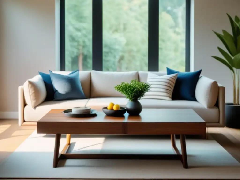 Mueble ecológico transformable en sala minimalista Espacio ecológico con mueble versátil en diseño interior sostenible