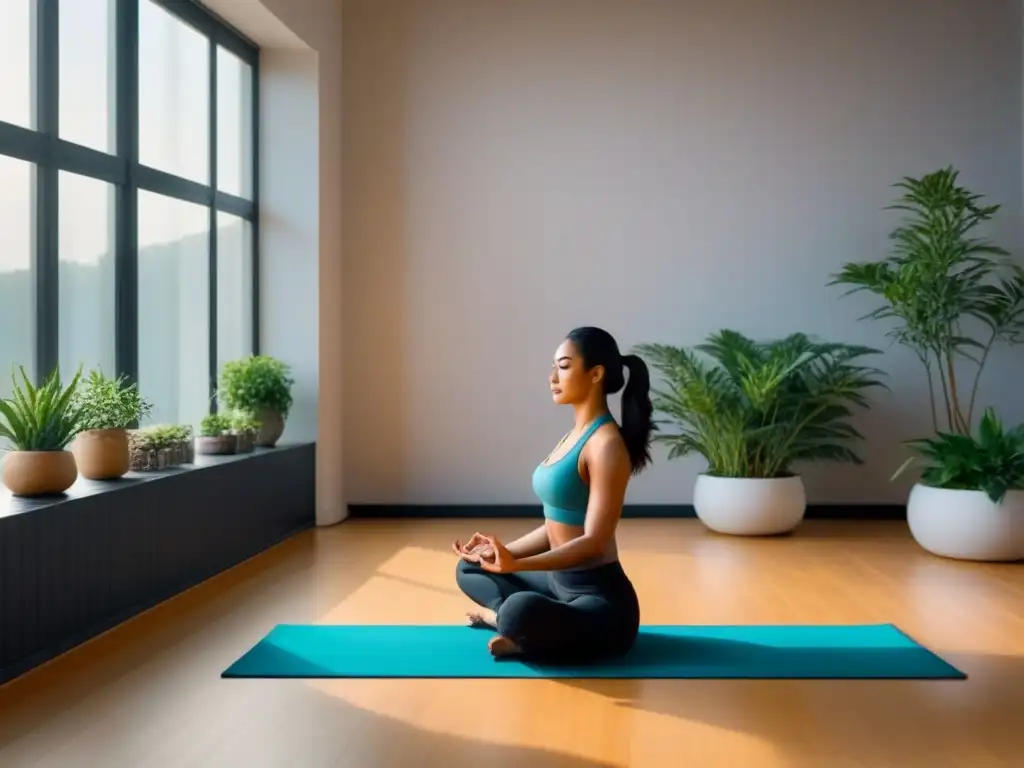 Espacio luminoso y sereno con estilo de vida zero waste: persona practicando yoga rodeada de calma y conciencia ecológica