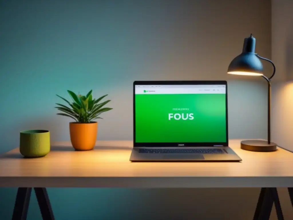 Un espacio de oficina minimalista con laptop mostrando una interfaz verde de app sostenible, planta y lámpara elegante