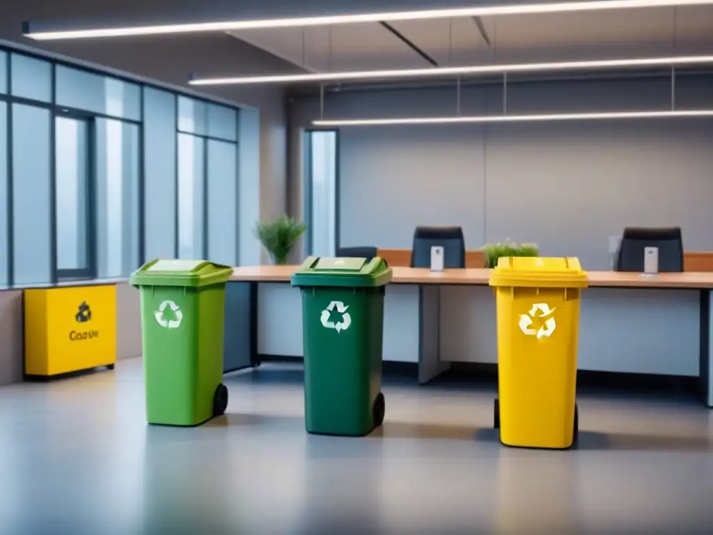 Un espacio de oficina moderno con contenedores de reciclaje junto a cada escritorio, iluminado por luz natural
