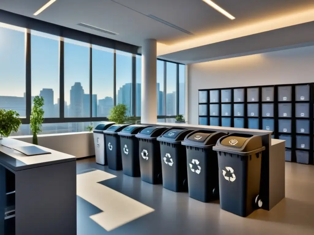 Un espacio de oficina moderno, limpio y profesional con contenedores de reciclaje estratégicamente ubicados