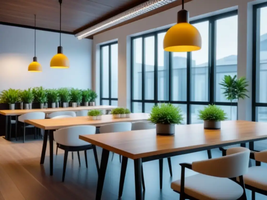 Un espacio de oficina moderno y minimalista con una cafetería elegante, iluminación colgante y toques de plantas