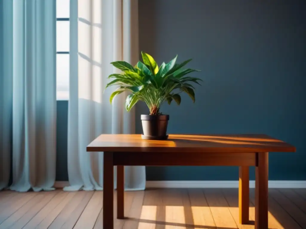 Un espacio sereno con planta en mesa de madera, luz suave y líneas limpias