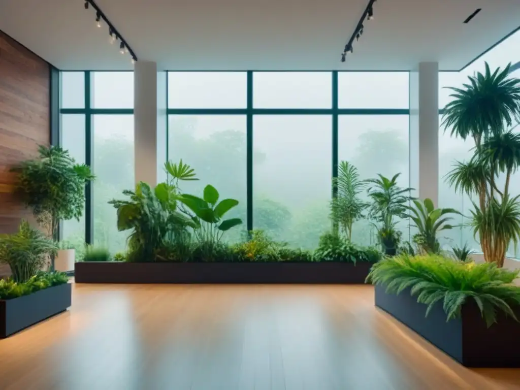 Un espacio de exposición sostenible con diseño minimalista, plantas verdes vibrantes y luz natural