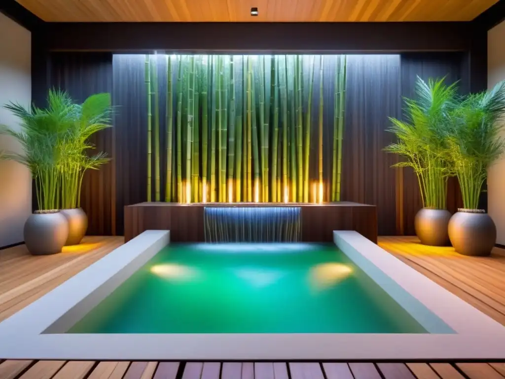 Espacio de spa ecológico con decoración de bambú sostenible, plantas verdes y fuente de agua, para relajación sostenible en spas ecofriendly