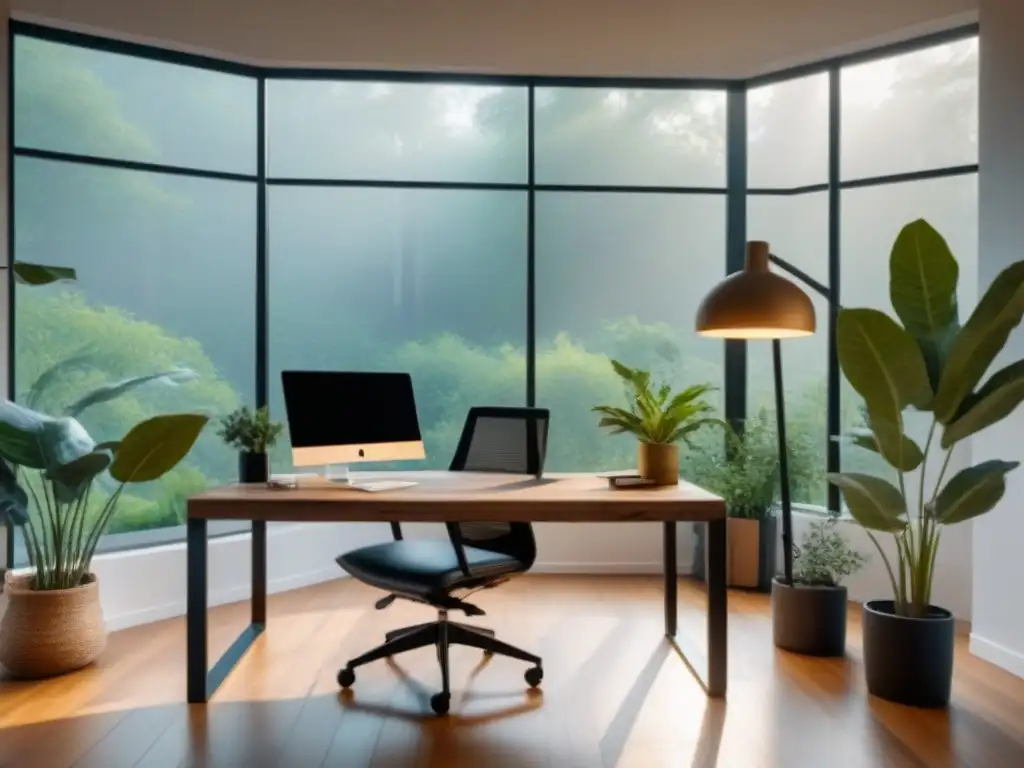 Espacio de trabajo en casa sostenible con mobiliario moderno y ambiente ecológico