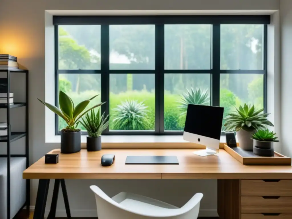 Un espacio de trabajo en casa sostenible con escritorio de madera, silla ergonómica y vista a jardín verde