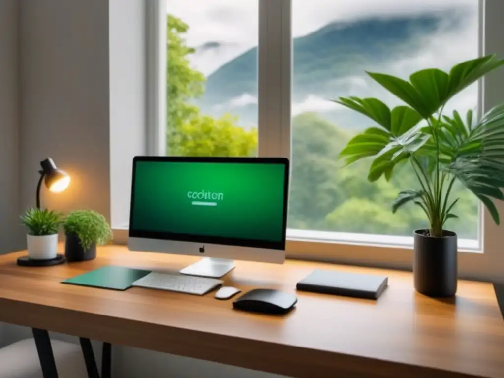 Espacio de trabajo en casa sostenible con escritorio de madera, planta, lámpara LED y botella de agua reutilizable