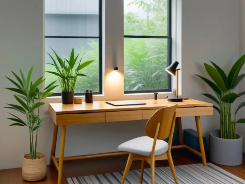 Espacio de trabajo en casa sostenible con escritorio de bambú, luz natural y elementos ecofriendly