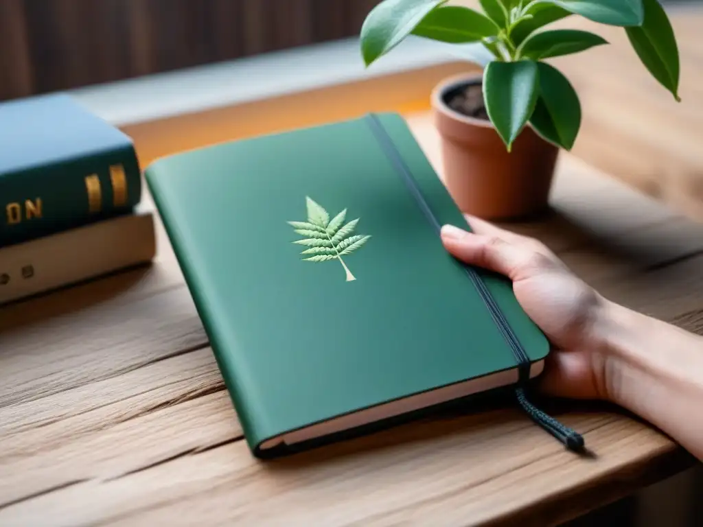 Un espacio de trabajo ecofriendly con un cuaderno ecológico sostenible y una planta en maceta minimalista sobre un escritorio de madera rústica