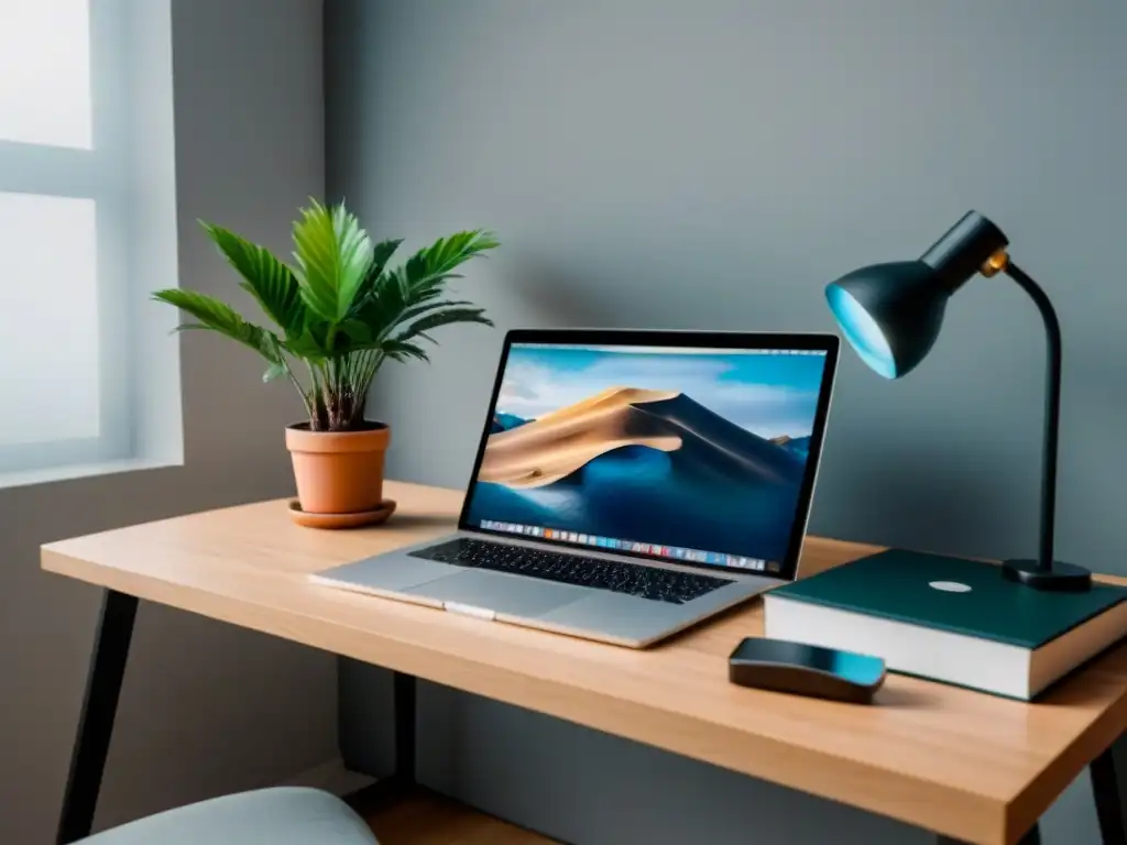 Un espacio de trabajo minimalista y sereno con un escritorio ordenado, una planta en maceta, una botella de agua reutilizable y una laptop con un protector de pantalla de escena natural tranquila, simbolizando un ambiente pacífico y organizado que promueve el bienestar mental a través de estrategias de Zero Waste