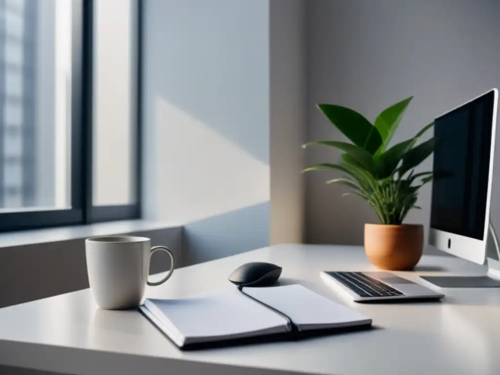 Un espacio de trabajo minimalista y sereno con una planta, laptop, libreta y bolígrafo, iluminado por luz natural
