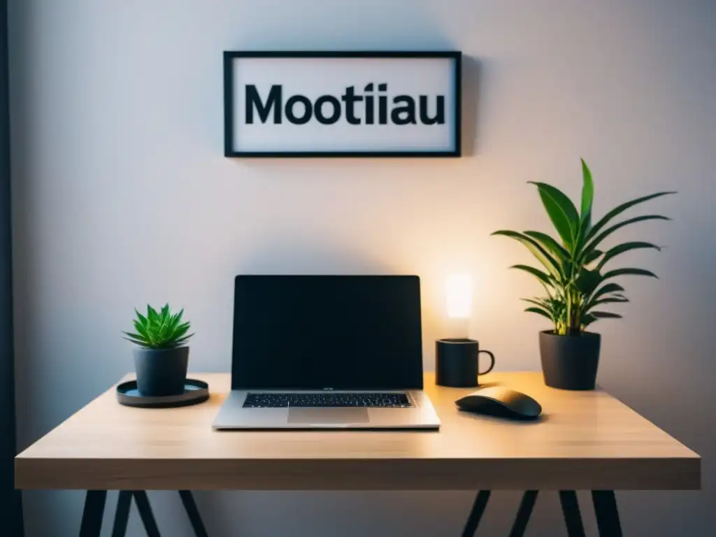 Un espacio de trabajo moderno con marcas de moda sostenible oficina, laptop, planta y cuaderno en un escritorio minimalista