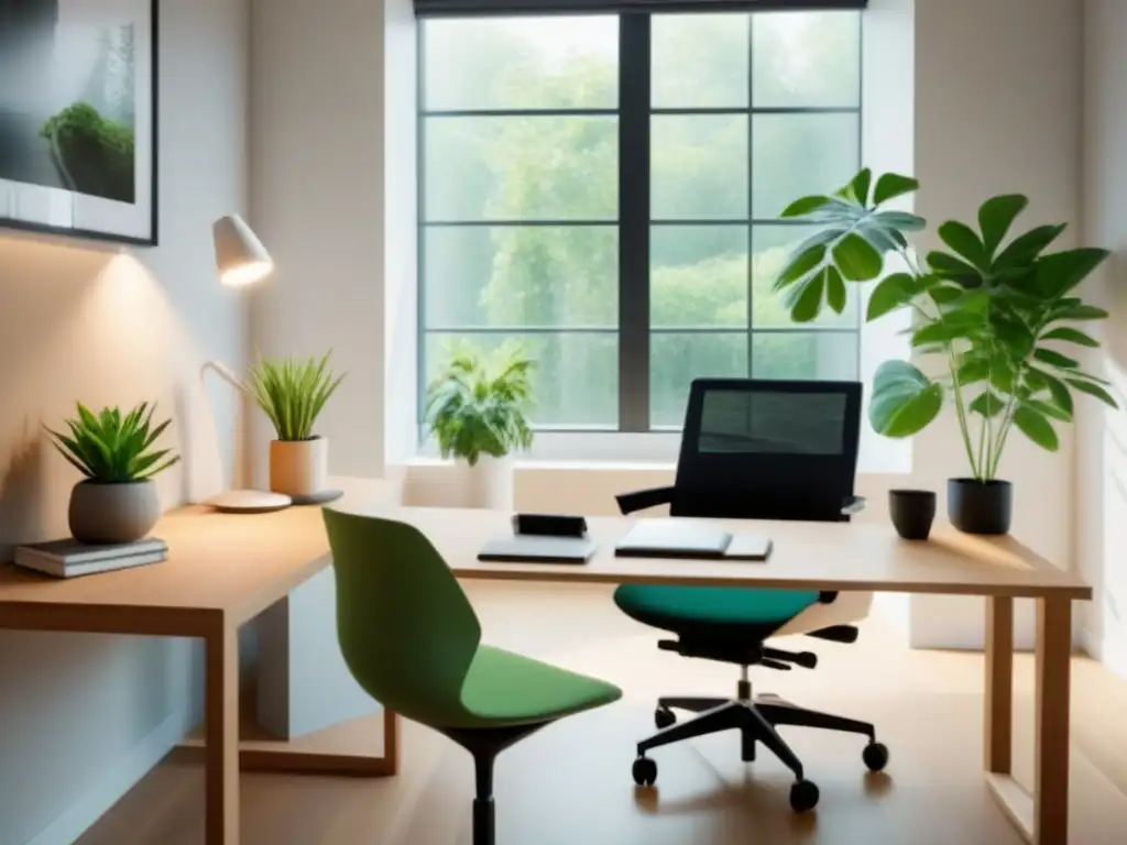 Un espacio de trabajo sostenible: escritorio minimalista, silla ergonómica, estantería organizada y vista al jardín