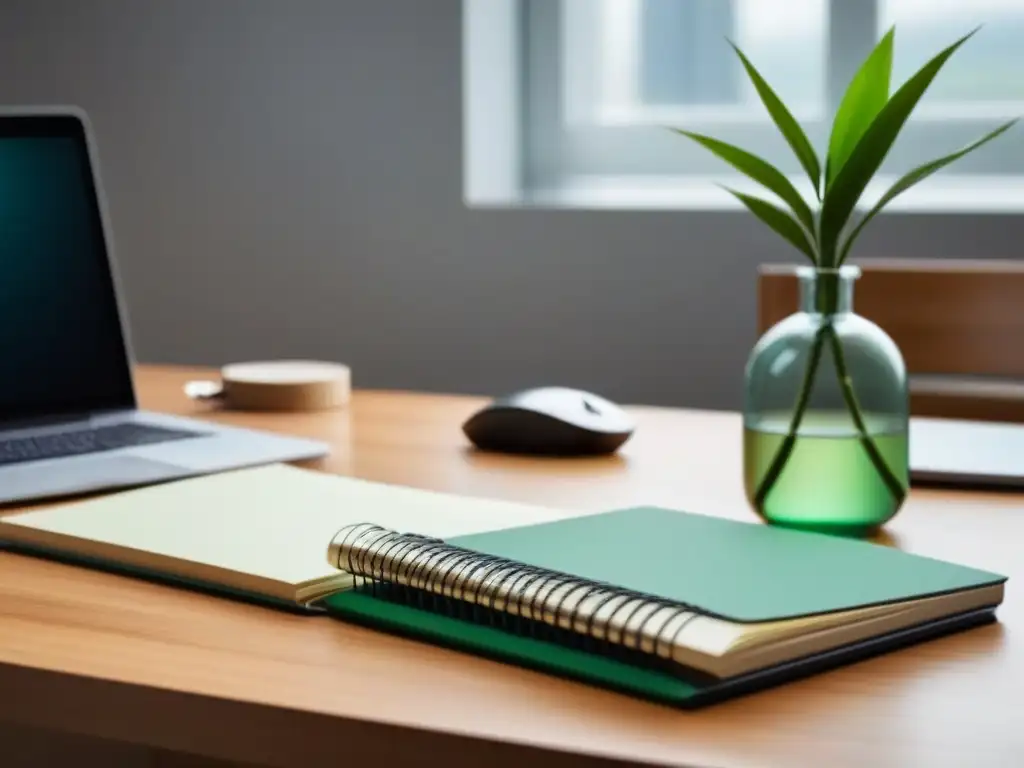 Un espacio de trabajo sostenible con materiales reciclados, con un diseño minimalista y elementos ecoamigables