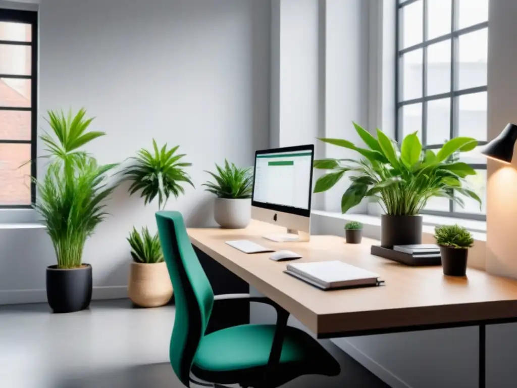 Espacio de trabajo sostenible con plantas verdes en escritorio minimalista iluminado por luz natural