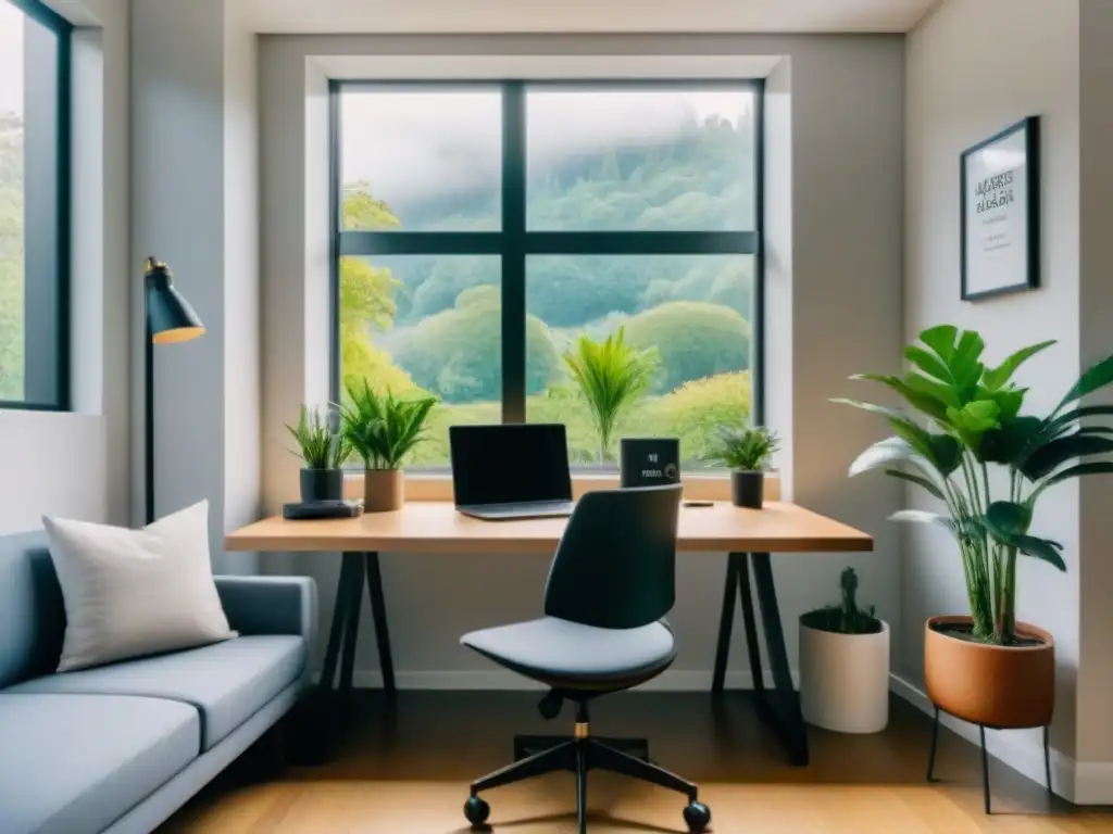 Espacio de trabajo sostenible con ventana soleada y jardín verde, escritorio ordenado y cita motivacional en la pared