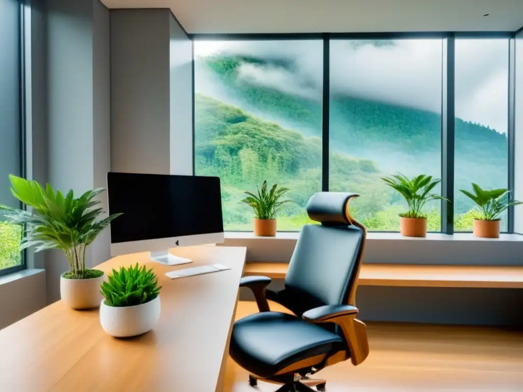 Un espacio de trabajo sostenible con vistas verdes, escritorio de madera y silla ergonómica, iluminación natural y serenidad