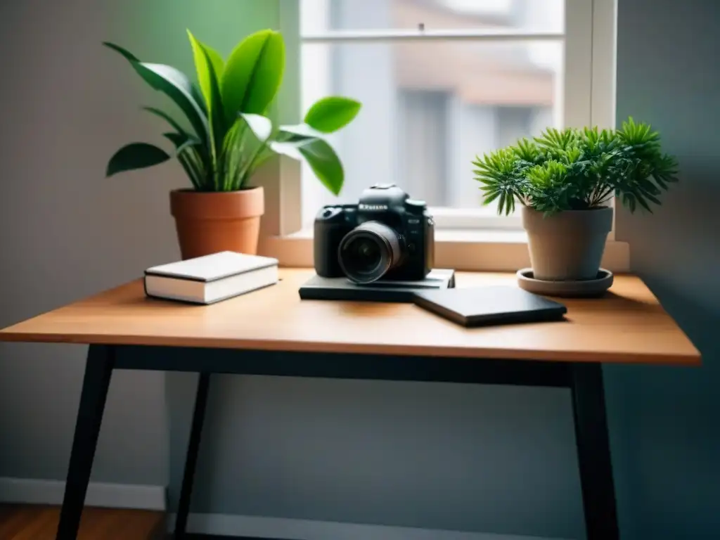 Un espacio de trabajo tranquilo y minimalista para cineasta independiente sostenible, con cámara de video, cuadernos y planta