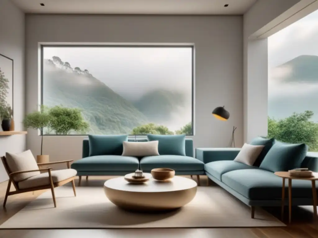 Un espacio de vida minimalista y sostenible con tonos neutros, un sofá acogedor y mucha luz natural