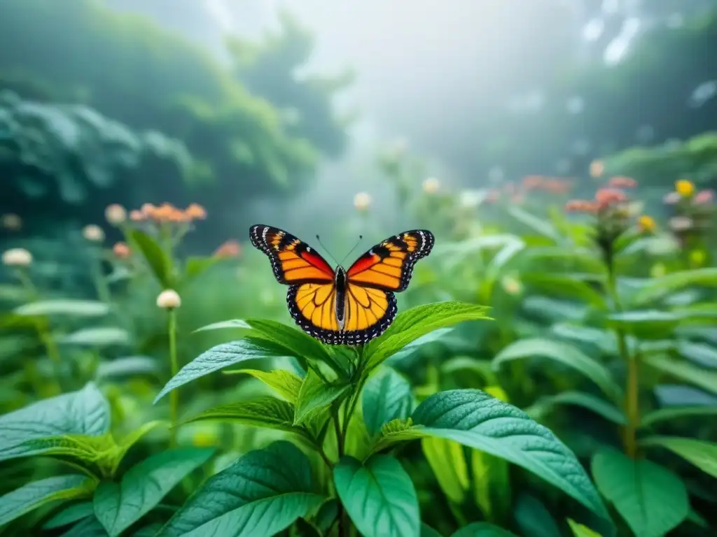 Un jardín zero waste con especies locales, lleno de vida y coloridas mariposas, abejas y aves en armonía