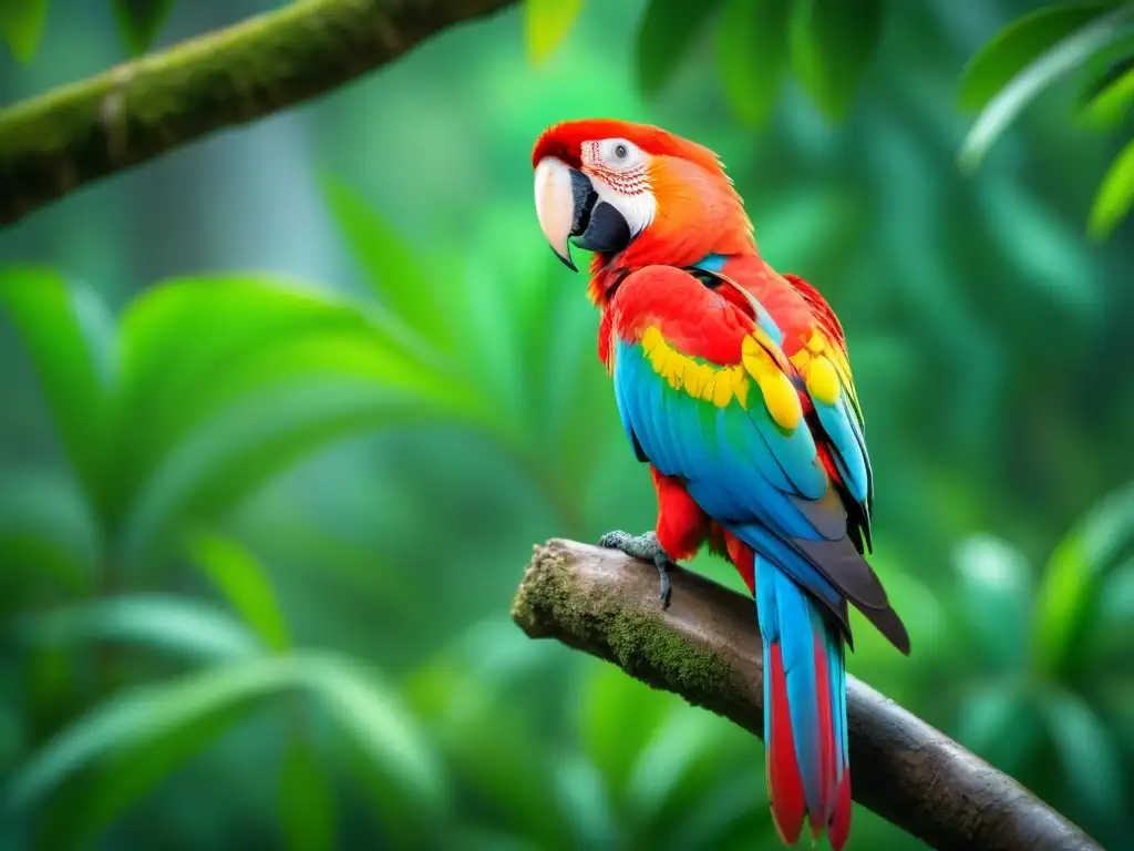 Espléndido guacamayo escarlata en rama verde, resaltando plumaje vibrante en la exuberante selva borrosa de Costa Rica