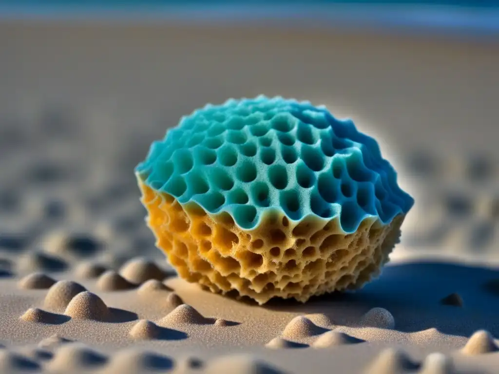 Una esponja natural reposa en la playa, mostrando su textura porosa bajo la luz del sol