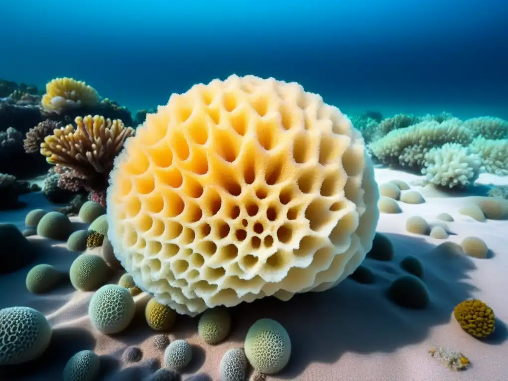 Una esponja natural reposa sobre un vibrante coral en aguas cristalinas